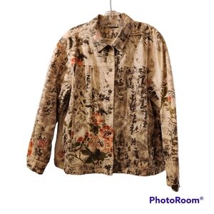 CHICO Floral Beige Denim Jacket with Artistic Print Chico Size 3 Excellent Condi